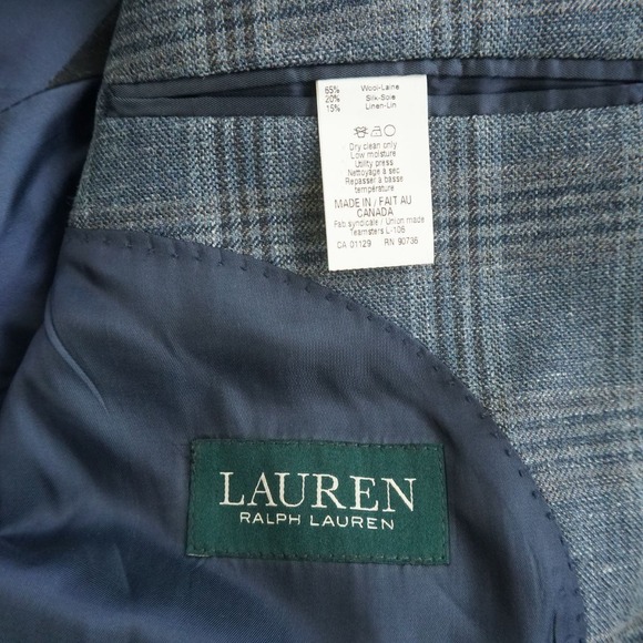 Lauren Ralph Lauren Mens Plaid Sport Coat Blazer Blue Gray Wool Silk Linen 38S - Picture 9 of 11